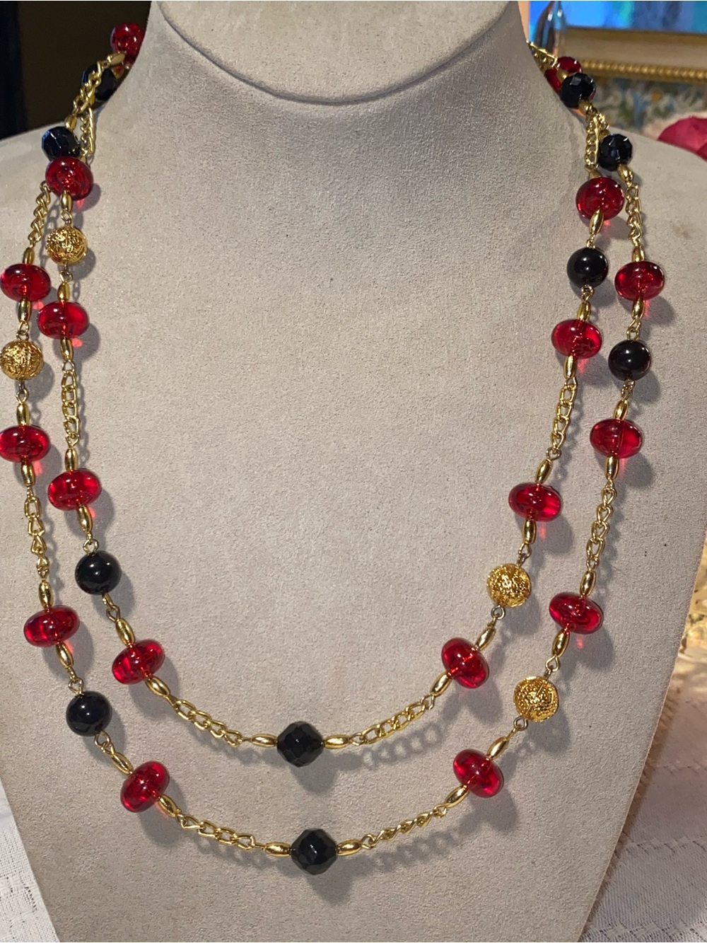 Vintage Gold Chain Necklace with Red and Black Resin Beads